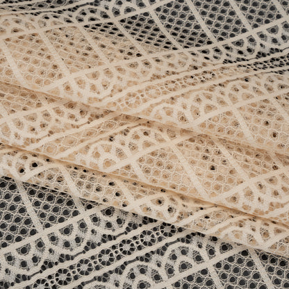 Raschel Lace Panel with Finished Edges - Tea Stain Geometric Rows of Windows