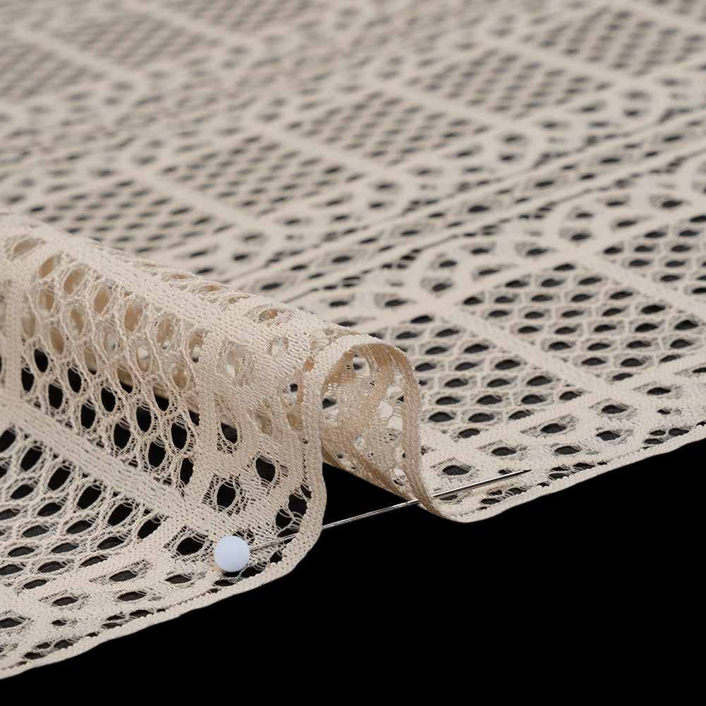 Raschel Lace Panel with Finished Edges - Tea Stain Geometric Rows of Windows - Detail