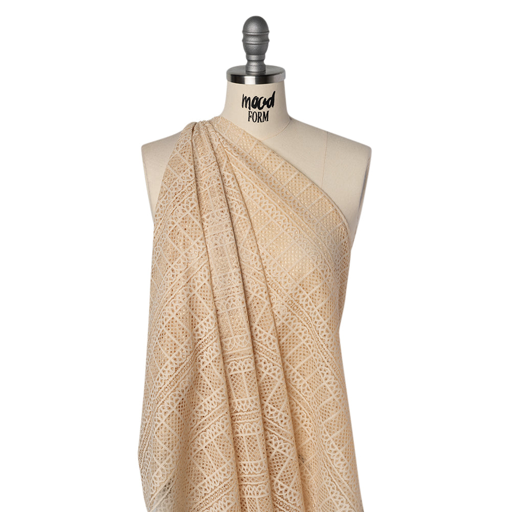 Raschel Lace Panel with Finished Edges - Tea Stain Geometric Rows of Windows - Drape