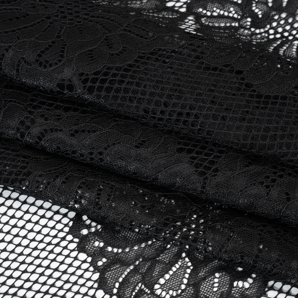 Corded Raschel Lace Panel with Finished Edges - Black Big Flowers on Diamond Net Folded