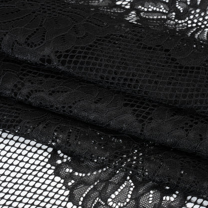 Corded Raschel Lace Panel with Finished Edges - Black Big Flowers on Diamond Net Folded