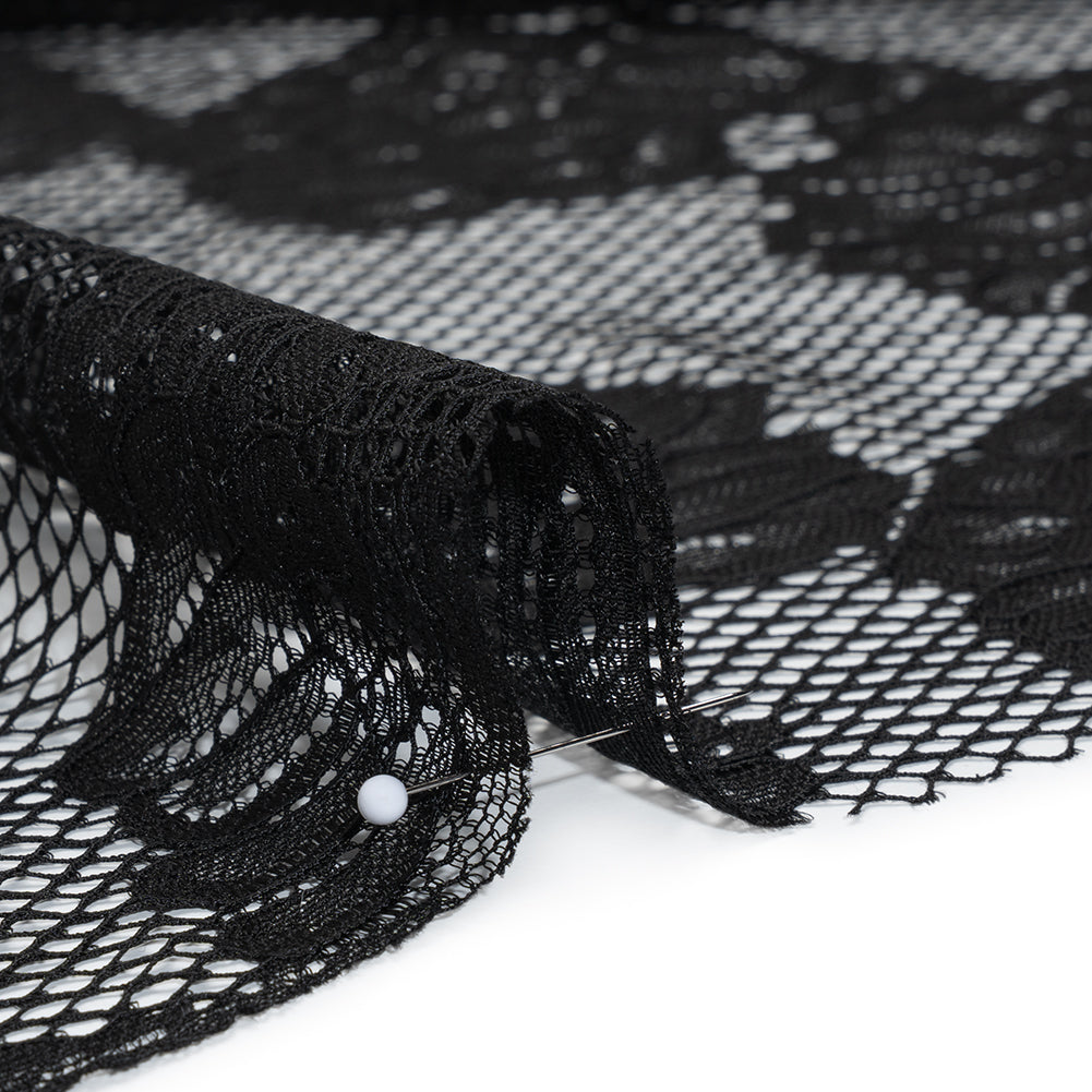 Corded Raschel Lace Panel with Finished Edges - Black Big Flowers on Diamond Net Detail