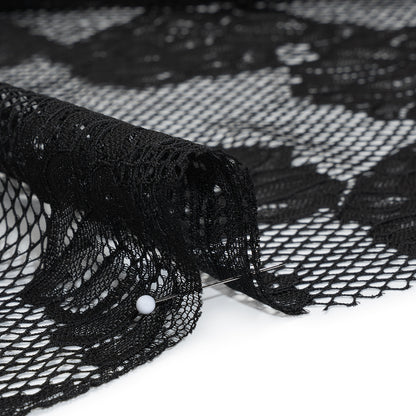 Corded Raschel Lace Panel with Finished Edges - Black Big Flowers on Diamond Net Detail