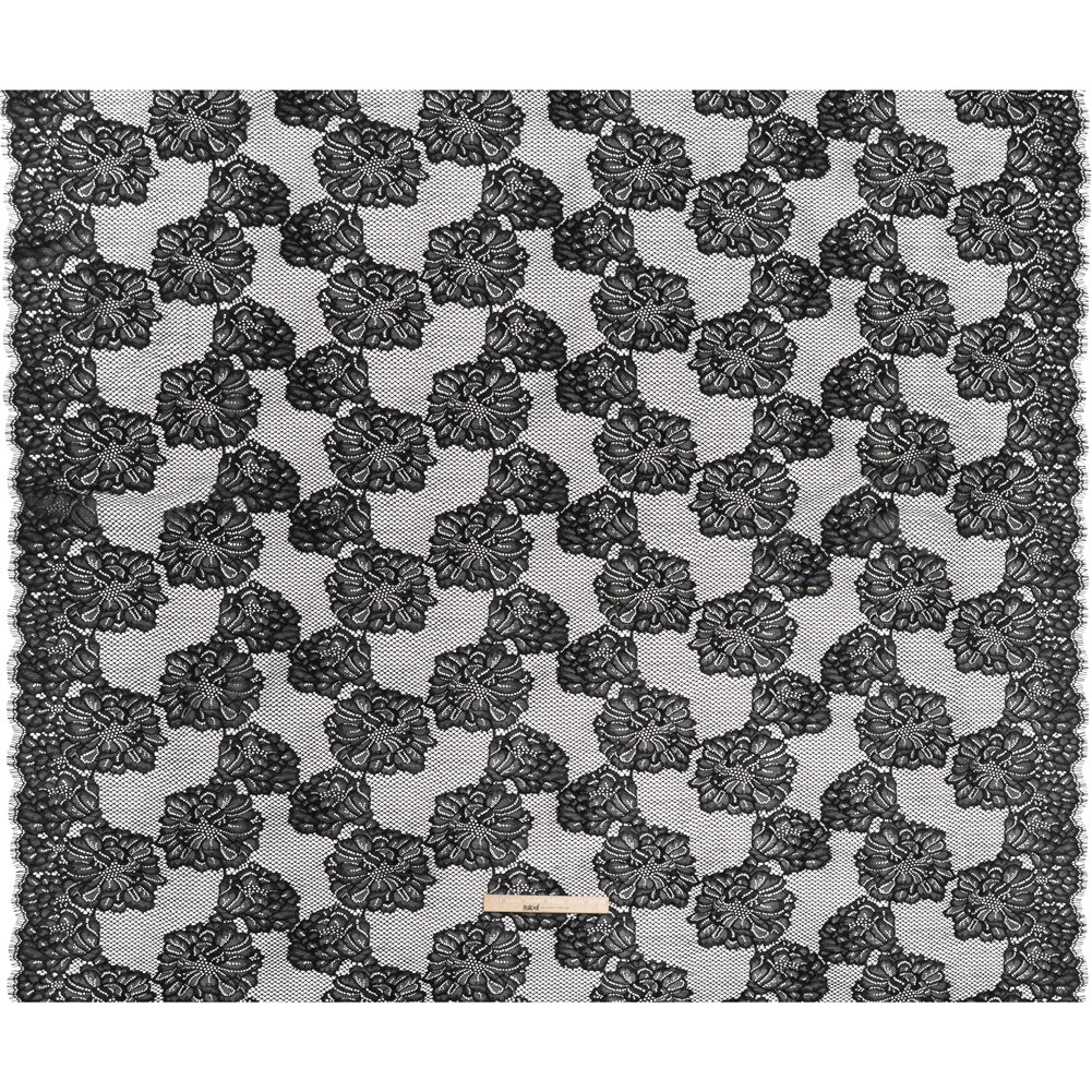 Corded Raschel Lace Panel with Finished Edges - Black Big Flowers on Diamond Net Full