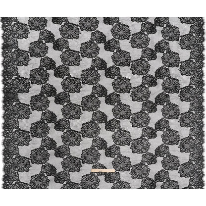 Corded Raschel Lace Panel with Finished Edges - Black Big Flowers on Diamond Net Full