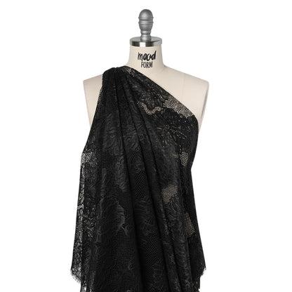 Corded Raschel Lace Panel with Finished Edges - Black Big Flowers on Diamond Net Drape