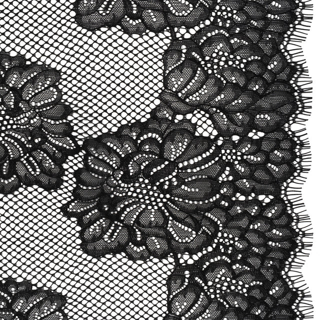 Corded Raschel Lace Panel with Finished Edges - Black Big Flowers on Diamond Net