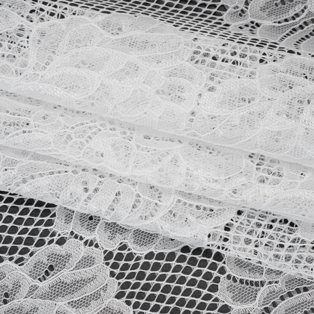 Corded Raschel Lace Panel with Finished Edges - Ivory Big Flowers on Diamond Net