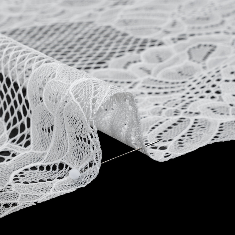 Corded Raschel Lace Panel with Finished Edges - Ivory Big Flowers on Diamond Net