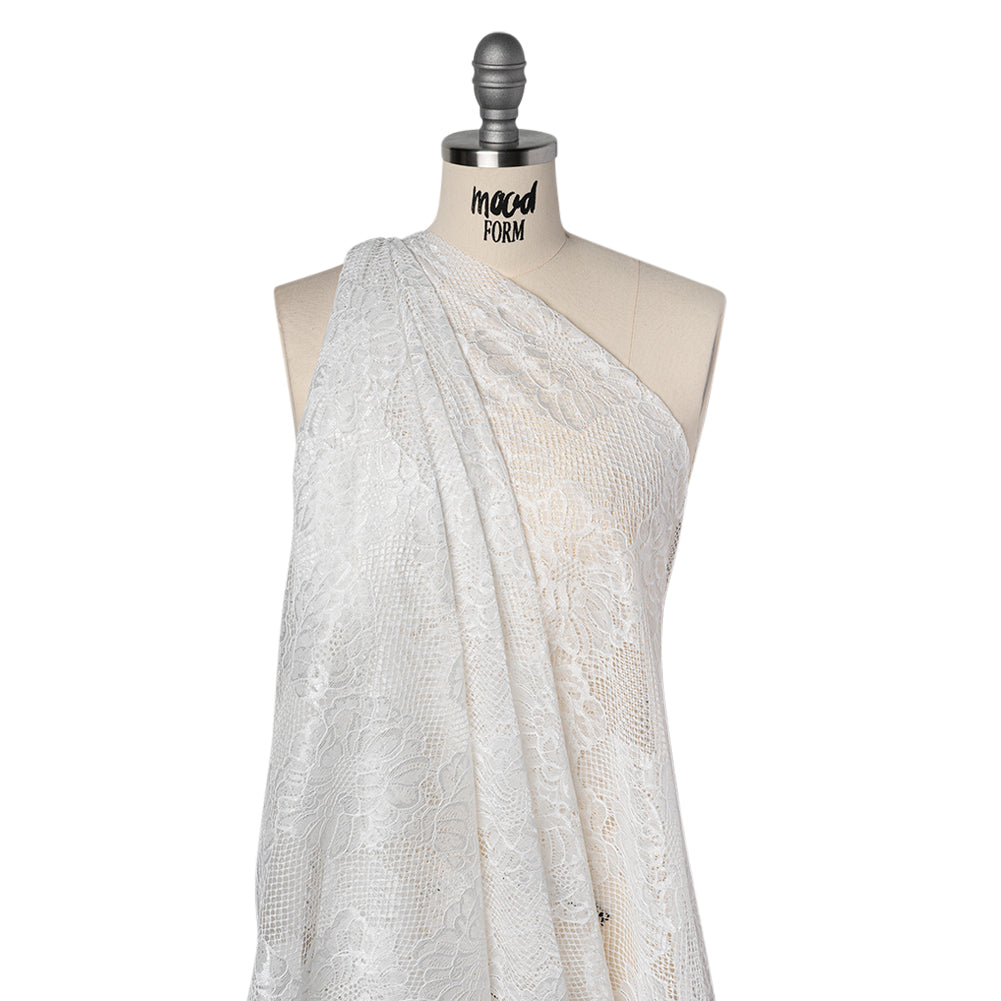 Corded Raschel Lace Panel with Finished Edges - Ivory Big Flowers on Diamond Net