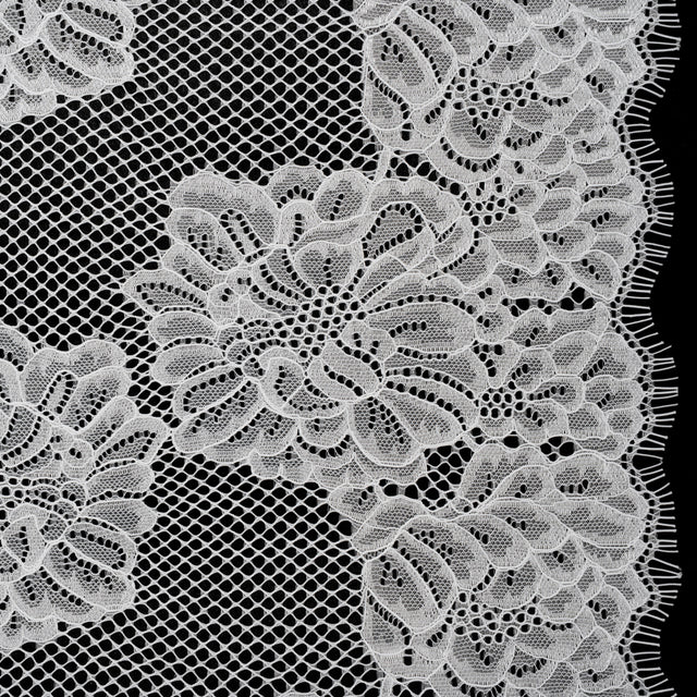 Corded Raschel Lace Panel with Finished Edges - Ivory Big Flowers on Diamond Net