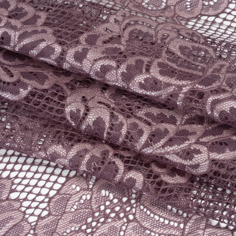 Corded Raschel Lace Panel with Finished Edges - Plum and Burnished Lilac Big Flowers on Diamond Net Folded