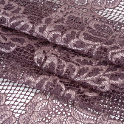 Corded Raschel Lace Panel with Finished Edges - Plum and Burnished Lilac Big Flowers on Diamond Net Folded