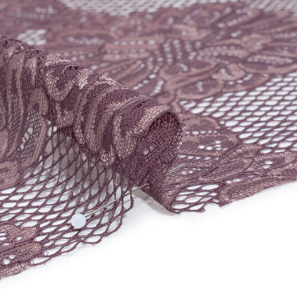 Corded Raschel Lace Panel with Finished Edges - Plum and Burnished Lilac Big Flowers on Diamond Net Detail