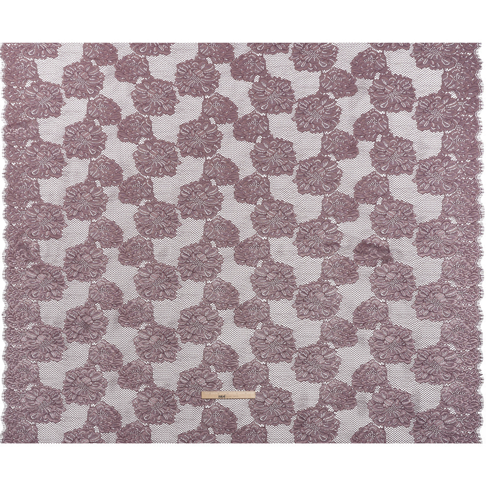 Corded Raschel Lace Panel with Finished Edges - Plum and Burnished Lilac Big Flowers on Diamond Net Full