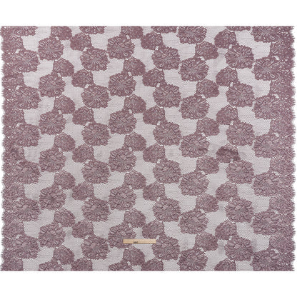 Corded Raschel Lace Panel with Finished Edges - Plum and Burnished Lilac Big Flowers on Diamond Net Full