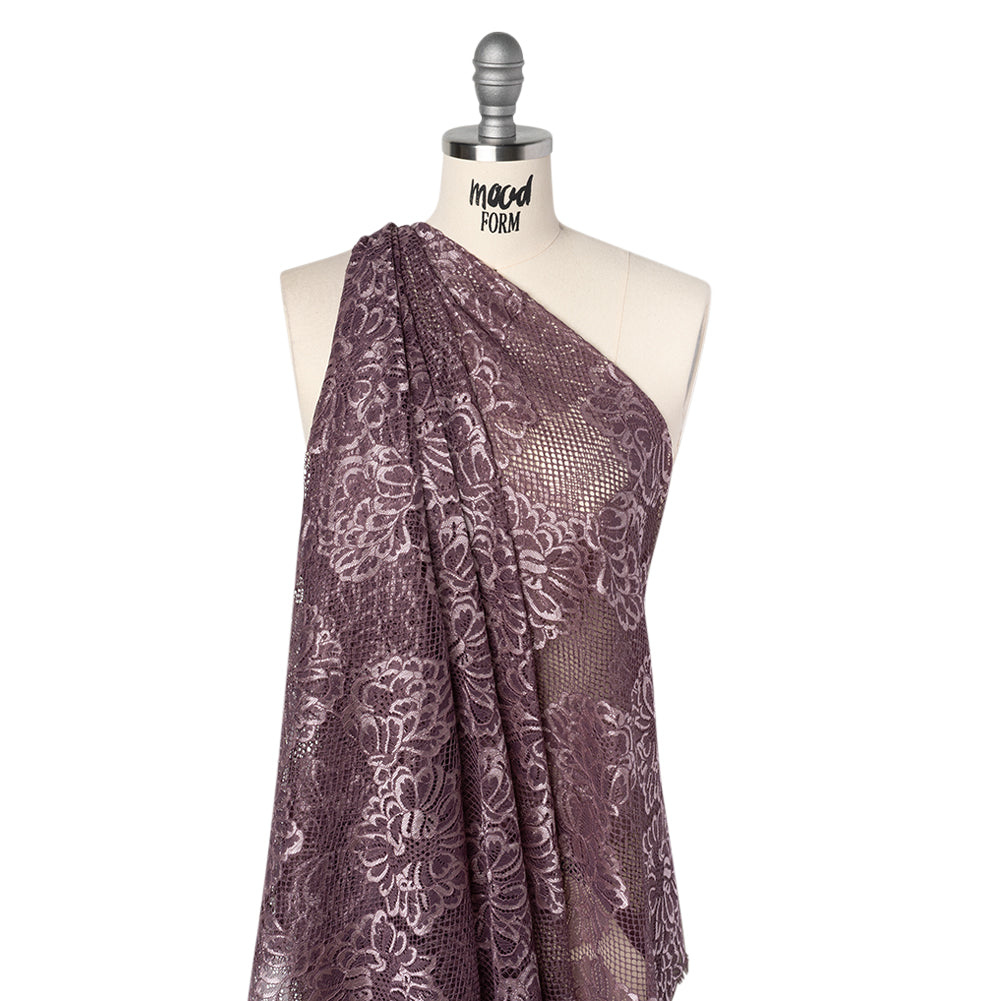 Corded Raschel Lace Panel with Finished Edges - Plum and Burnished Lilac Big Flowers on Diamond Net Drape