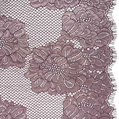 Corded Raschel Lace Panel with Finished Edges - Plum and Burnished Lilac Big Flowers on Diamond Net