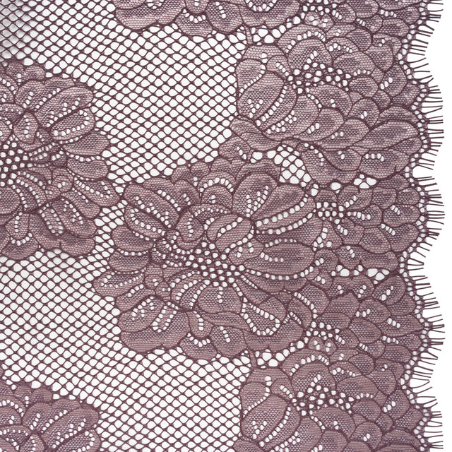 Corded Raschel Lace Panel with Finished Edges - Plum and Burnished Lilac Big Flowers on Diamond Net