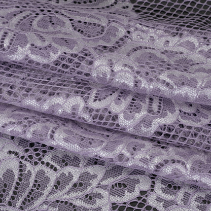 Corded Raschel Lace Panel with Finished Edges - Lavender and Ivory Big Flowers on Diamond Net