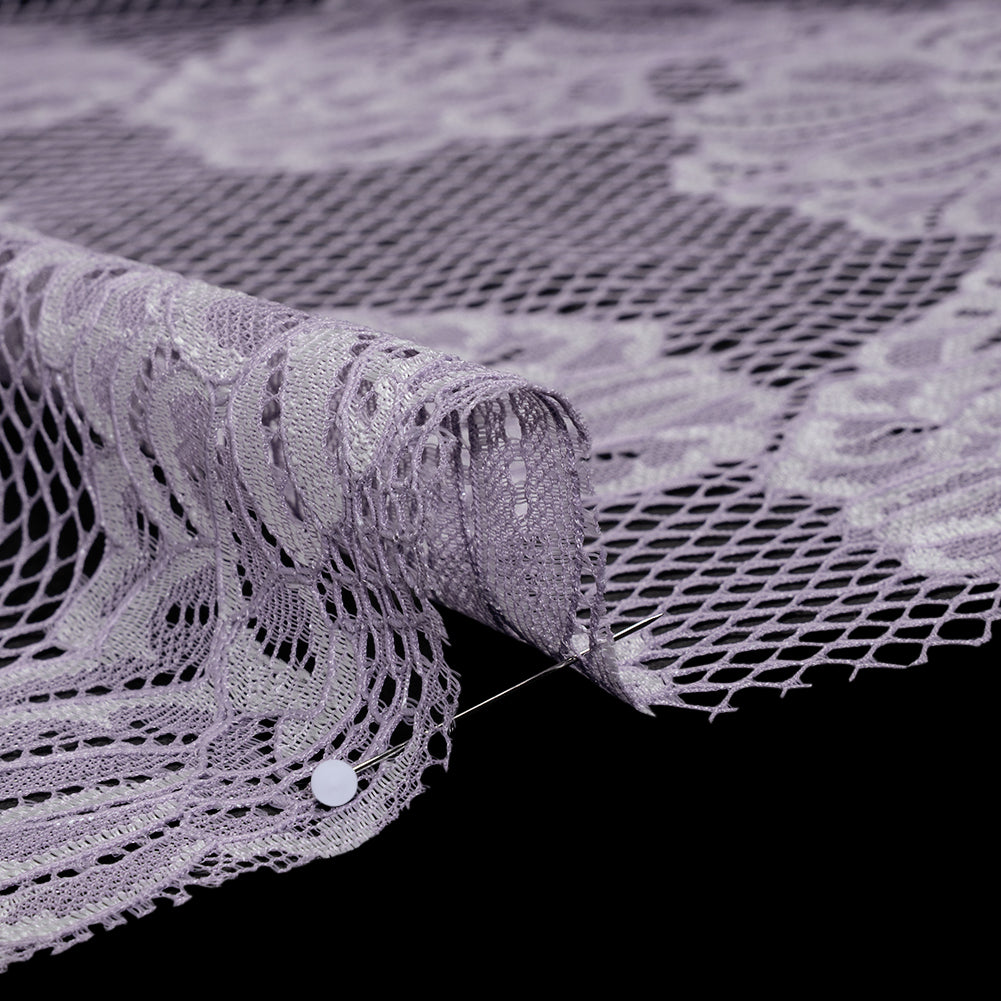 Corded Raschel Lace Panel with Finished Edges - Lavender and Ivory Big Flowers on Diamond Net