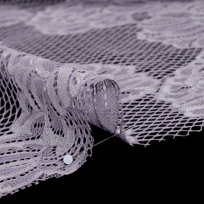 Corded Raschel Lace Panel with Finished Edges - Lavender and Ivory Big Flowers on Diamond Net