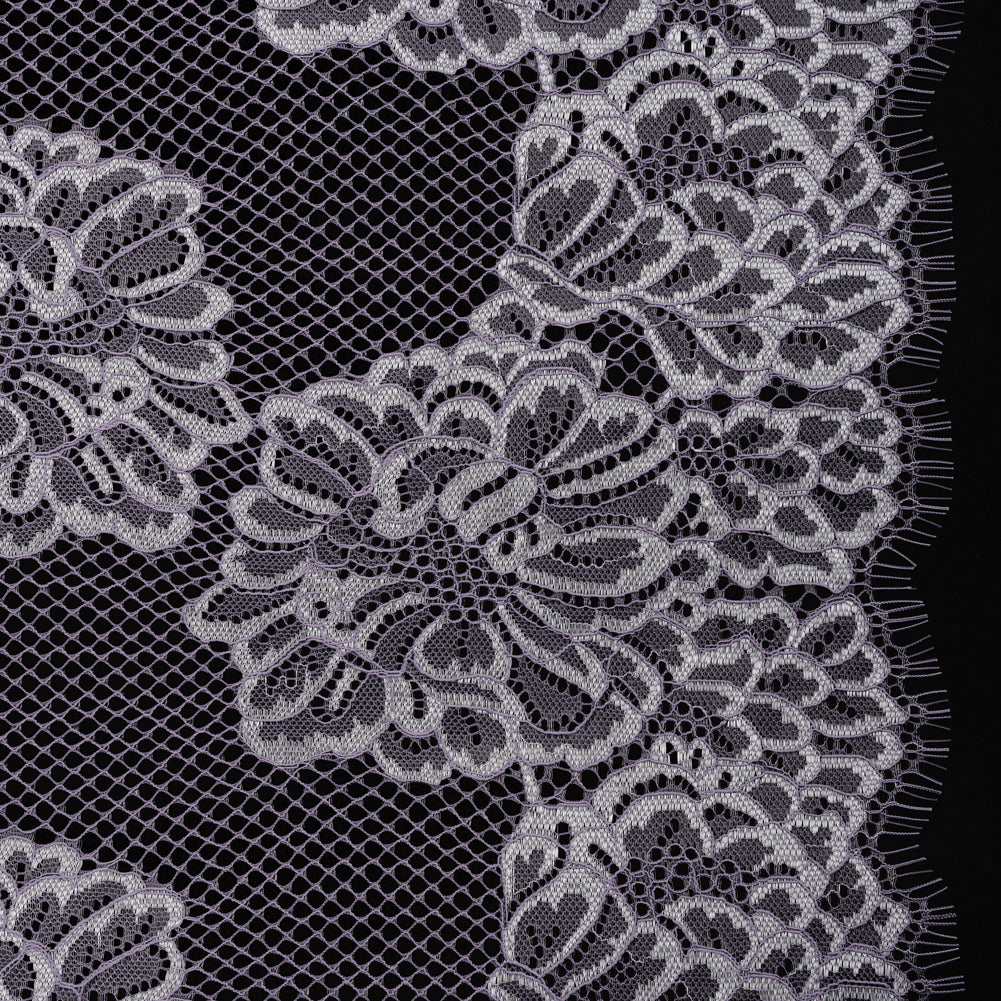 Corded Raschel Lace Panel with Finished Edges - Lavender and Ivory Big Flowers on Diamond Net