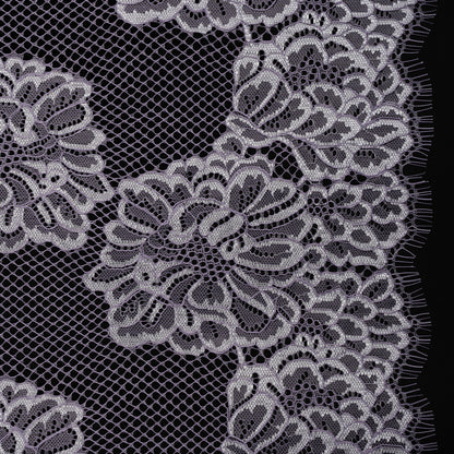 Corded Raschel Lace Panel with Finished Edges - Lavender and Ivory Big Flowers on Diamond Net