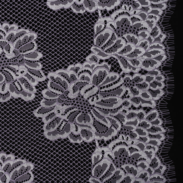 Corded Raschel Lace Panel with Finished Edges - Lavender and Ivory Big Flowers on Diamond Net