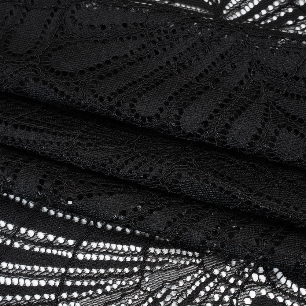 Corded Raschel Lace Panel with Finished Edges - Black Fan Palm Scallops Folded