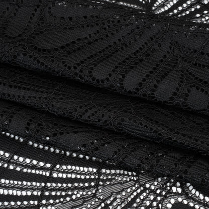 Corded Raschel Lace Panel with Finished Edges - Black Fan Palm Scallops Folded