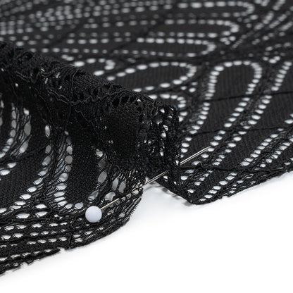 Corded Raschel Lace Panel with Finished Edges - Black Fan Palm Scallops Detail