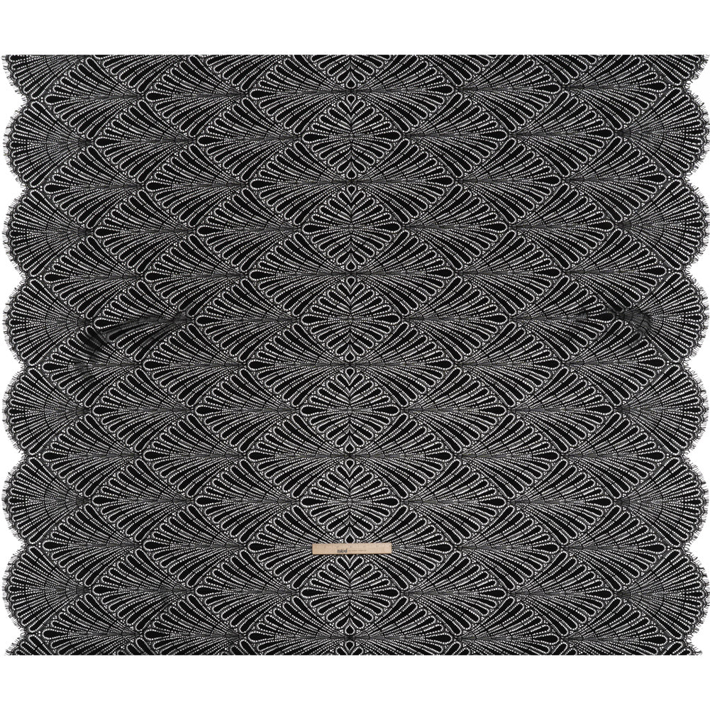 Corded Raschel Lace Panel with Finished Edges - Black Fan Palm Scallops Full
