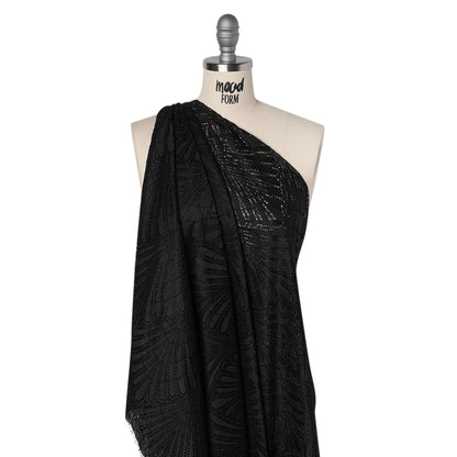 Corded Raschel Lace Panel with Finished Edges - Black Fan Palm Scallops Drape