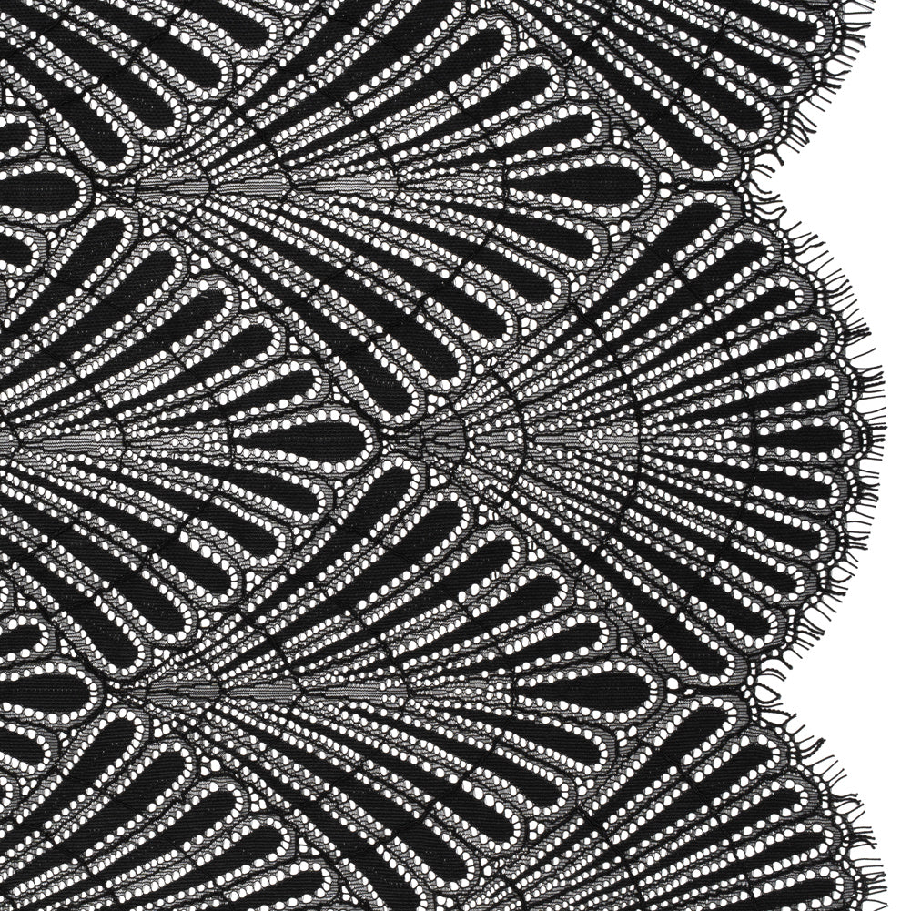 Corded Raschel Lace Panel with Finished Edges - Black Fan Palm Scallops