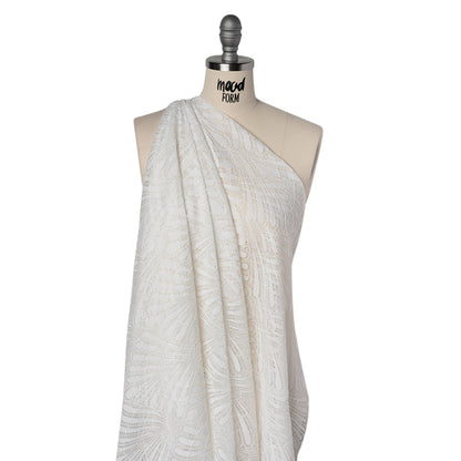 Corded Raschel Lace Panel with Finished Edges - Ivory Fan Palm Scallops