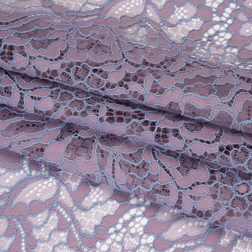 Corded Raschel Lace Panel with Finished Edges - Lavender and Sky Blue All-Over Flowers and Leaves