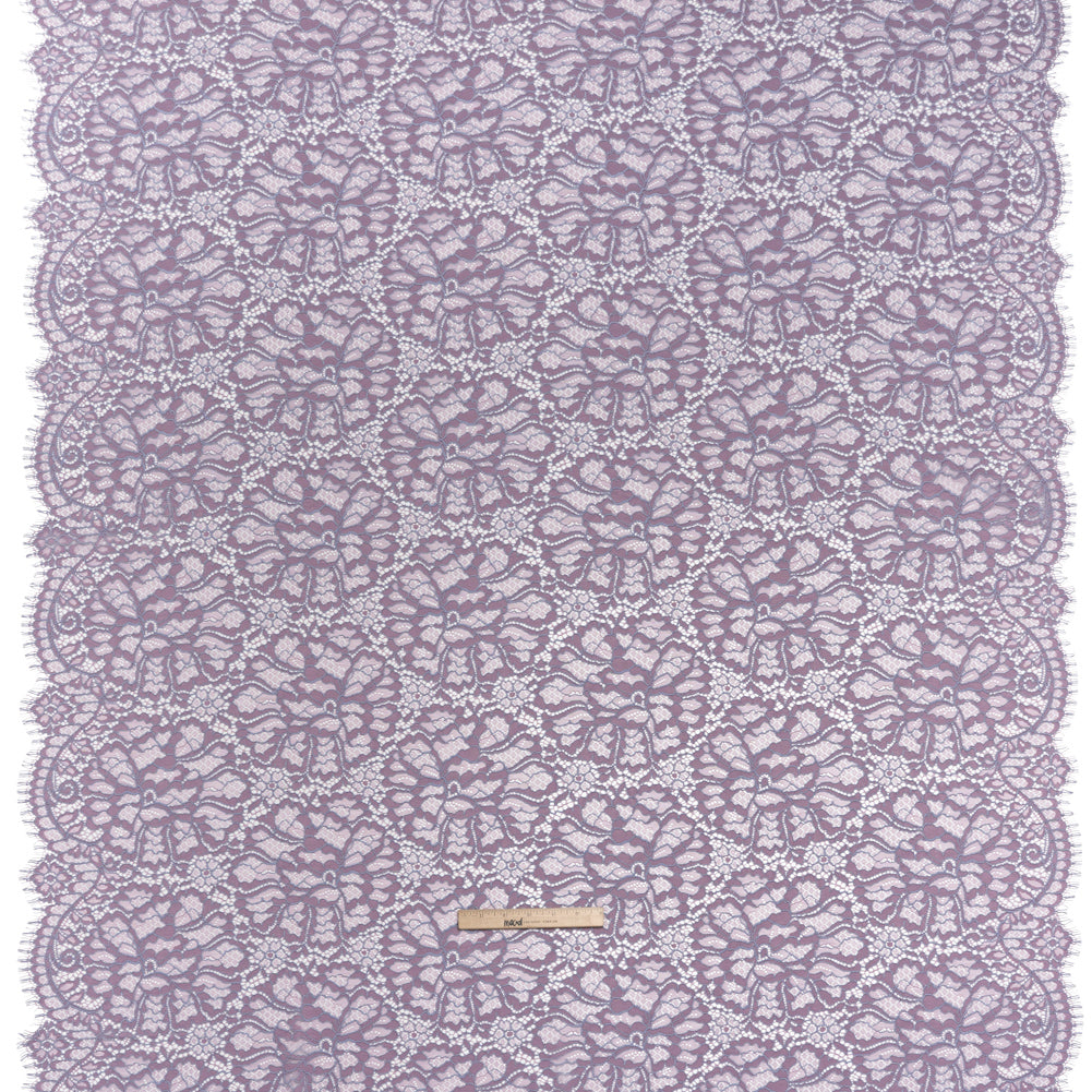 Corded Raschel Lace Panel with Finished Edges - Lavender and Sky Blue All-Over Flowers and Leaves