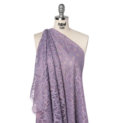 Corded Raschel Lace Panel with Finished Edges - Lavender and Sky Blue All-Over Flowers and Leaves