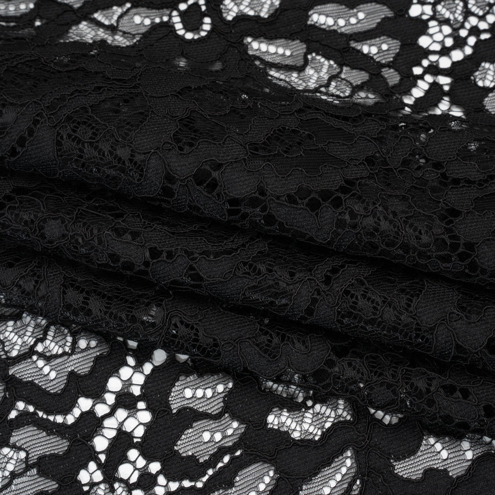Corded Raschel Lace Panel with Finished Edges - Black All-Over Flowers and Leaves Folded