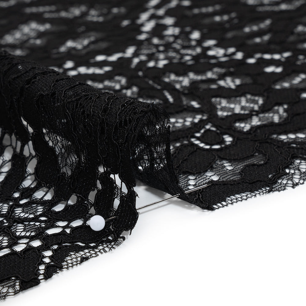 Corded Raschel Lace Panel with Finished Edges - Black All-Over Flowers and Leaves Detail
