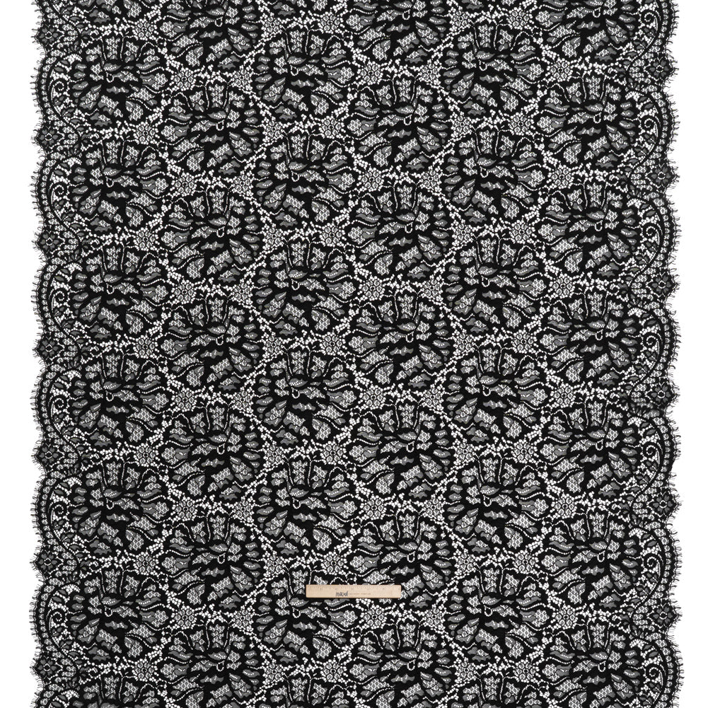 Corded Raschel Lace Panel with Finished Edges - Black All-Over Flowers and Leaves Full
