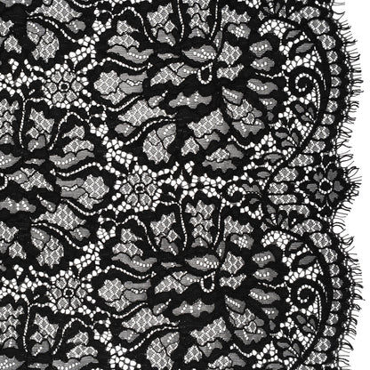 Corded Raschel Lace Panel with Finished Edges - Black All-Over Flowers and Leaves