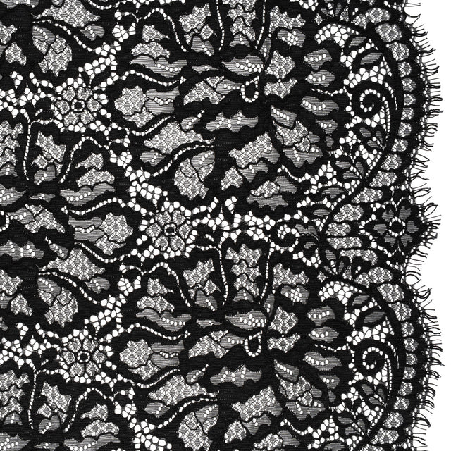 Corded Raschel Lace Panel with Finished Edges - Black All-Over Flowers and Leaves