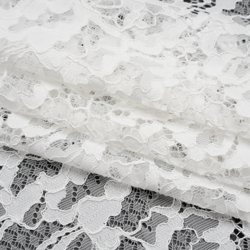 Corded Raschel Lace Panel with Finished Edges - Ivory All-Over Flowers and Leaves - Folded