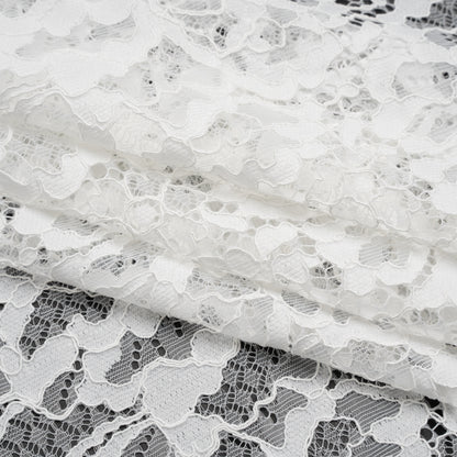 Corded Raschel Lace Panel with Finished Edges - Ivory All-Over Flowers and Leaves