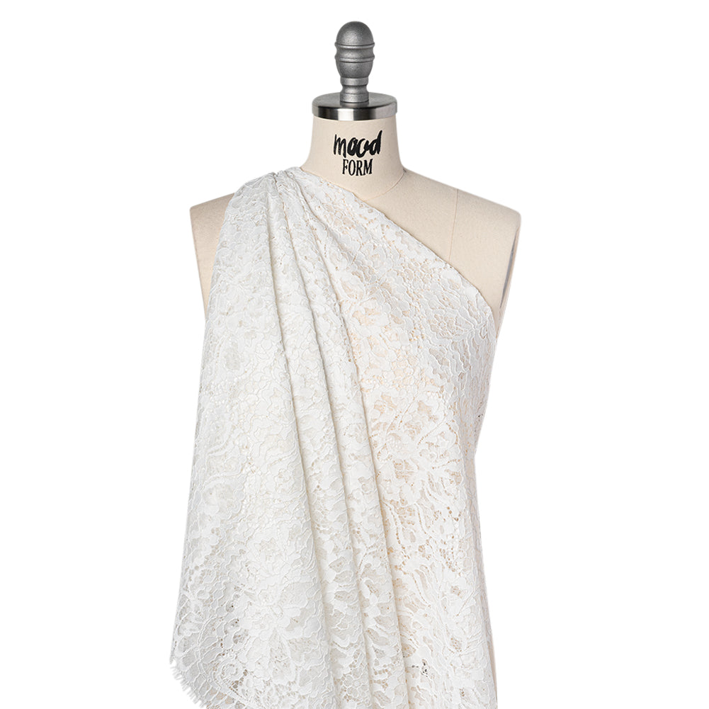 Corded Raschel Lace Panel with Finished Edges - Ivory All-Over Flowers and Leaves - Drape