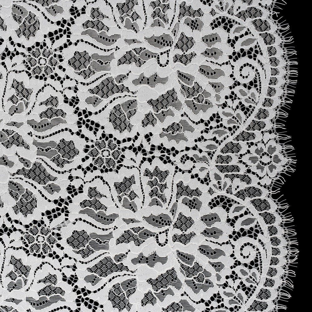 Corded Raschel Lace Panel with Finished Edges - Ivory All-Over Flowers and Leaves