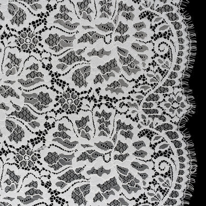 Corded Raschel Lace Panel with Finished Edges - Ivory All-Over Flowers and Leaves