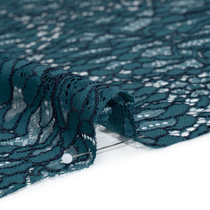Corded Raschel Lace Panel with Finished Edges - Dark Teal and Navy All-Over Flowers and Leaves